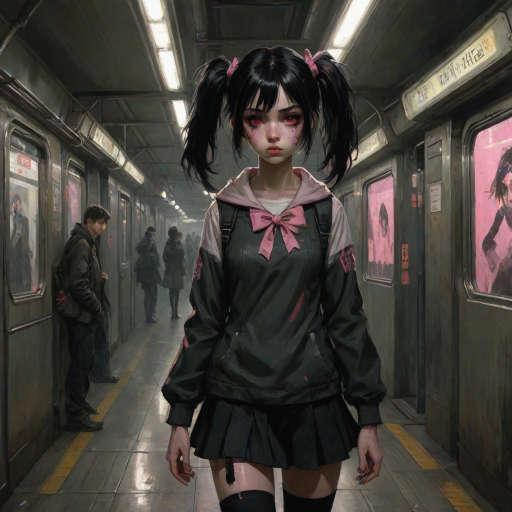 Darkness, horror, creepy, Impressionist Anime painting, metro 2033, disease, mine - type, mass - produced type, cross, slanted eyes, thick coating, twintails, ribbon, black hair, pink eyes, on metro station interior, horror movie atmosphere, dramatic light atmosphere, by Malcolm Liepke, Casey Baugh, jujin ito, and Nick Alm