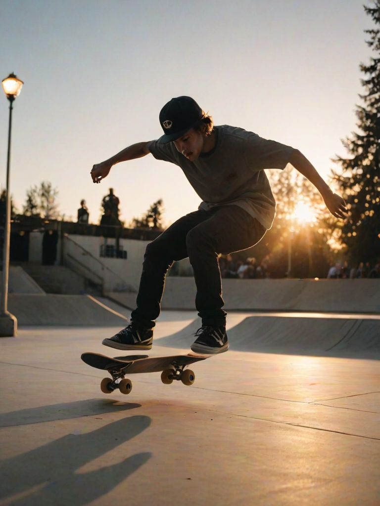 Blurry action shot of a skateboarder performing a trick in an urban skatepark at dusk, with soft light from nearby street lamps casting long shadows on the concrete.