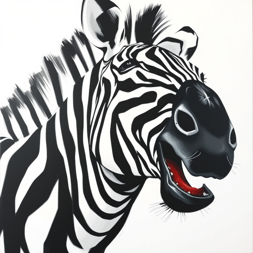 Abstract black and white acrylic portrait of an over exaggerated laughing (zebra). Minimalism style. White background.