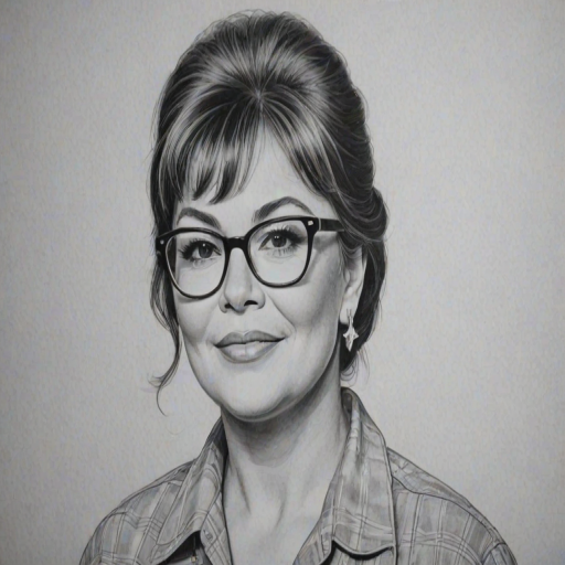 Charming Roseanne Barr, pencil sketch, portrait of Pleasing woman 1960s in glasses, hair style beatnik, outline, clear lines, fine lines, 8k