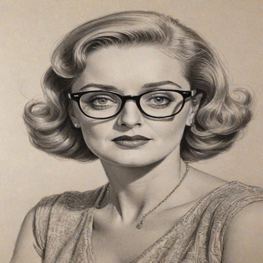 Ravishing Bette Davis, pencil sketch, portrait of Lovely woman 1968s in glasses, hair style beatnik, outline, clear lines, fine lines, 8k