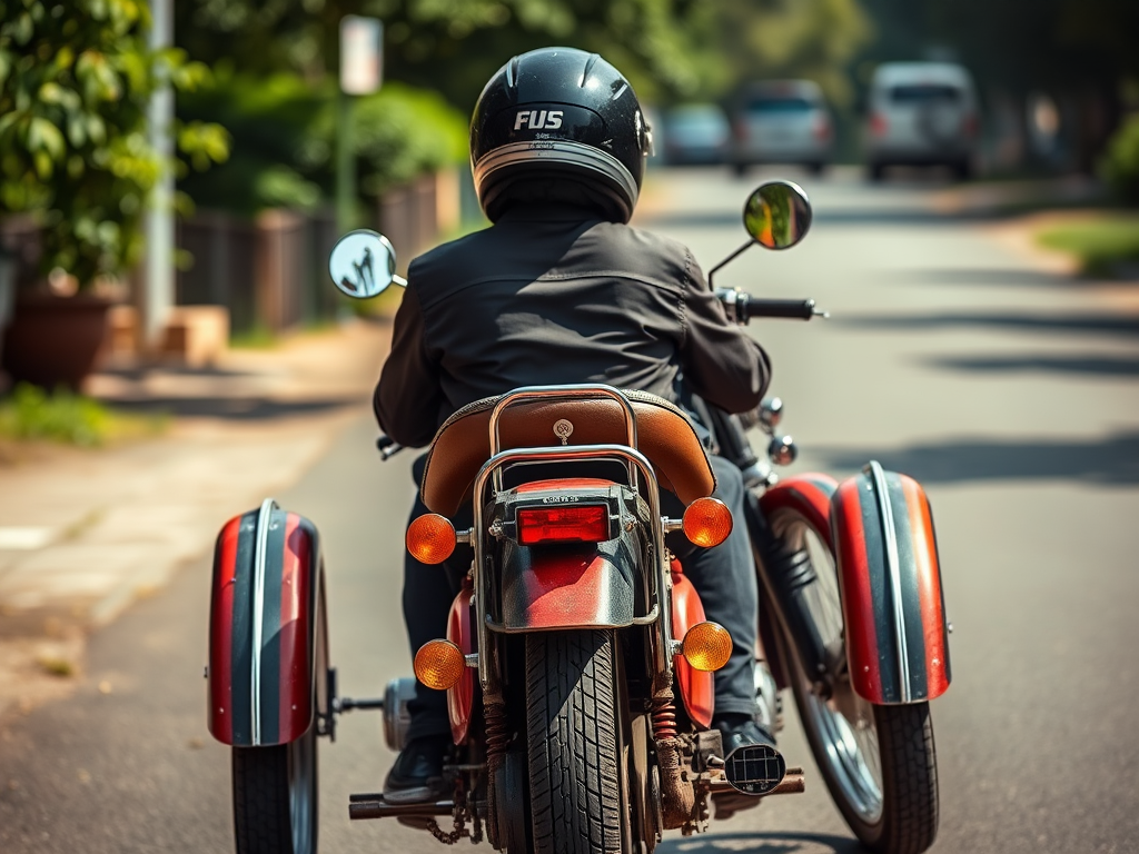 Capture a vintage three-wheeled motorcycle scene with a person in a helmet viewed from the rear, natural lighting, f-stop 5.6, ISO 100, focal length 50mm, using a DSLR camera for sharp details and vibrant colors.