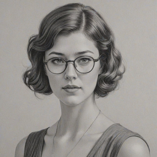 Stunning Mary Elizabeth Winstead, pencil sketch, portrait of Resplendent woman 1930s in glasses, hair style beatnik, outline, clear lines, fine lines, 8k