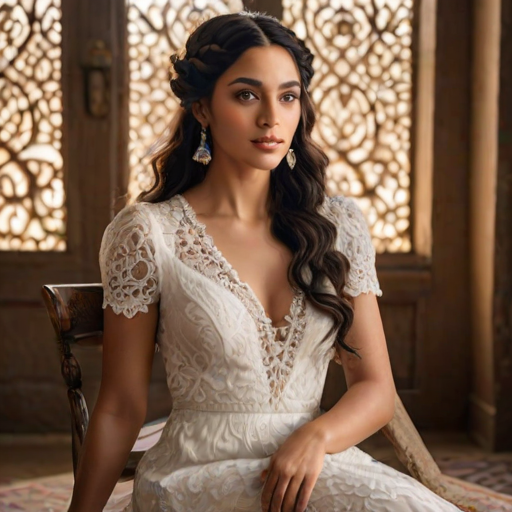 Create a portrait of a refined and elegant Coptic woman seated in a sophisticated setting. She has long, wavy hair styled in two thick braids that are pulled over her shoulders. She wears a white, lace gown with intricate patterns, featuring a deep V-neckline and short sleeves. The dress exudes a vintage charm with its delicate lacework. She is adorned with ornate, dangling earrings that add a touch of glamour to her appearance. The background is softly lit, with warm, ambient lighting that creates a cozy and inviting atmosphere. Her expression is poised and serene, capturing a sense of grace and elegance.