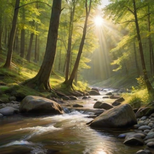 Create an image of a serene, sunlit forest scene with a clear, gently flowing river. Tall trees with lush green foliage line both sides of the river, their leaves bathed in the warm golden light of the setting or rising sun. The sunlight filters through the trees, casting soft, dappled light on the river, which flows over smooth rocks and pebbles, creating a peaceful, natural atmosphere. The sky is bright with a few scattered clouds, and the overall mood is tranquil, evoking a deep sense of connection with nature. The image captures the beauty of a calm, pristine forest landscape at either dawn or dusk.