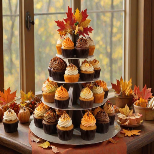 Create an image of a tiered cupcake display featuring various cupcakes decorated in autumn colors. Include shades of orange, brown, and cream, with each cupcake topped with swirls of frosting. Add realistic autumn leaves for decoration, and place the display in a warm, inviting setting with natural light filtering in through a window.