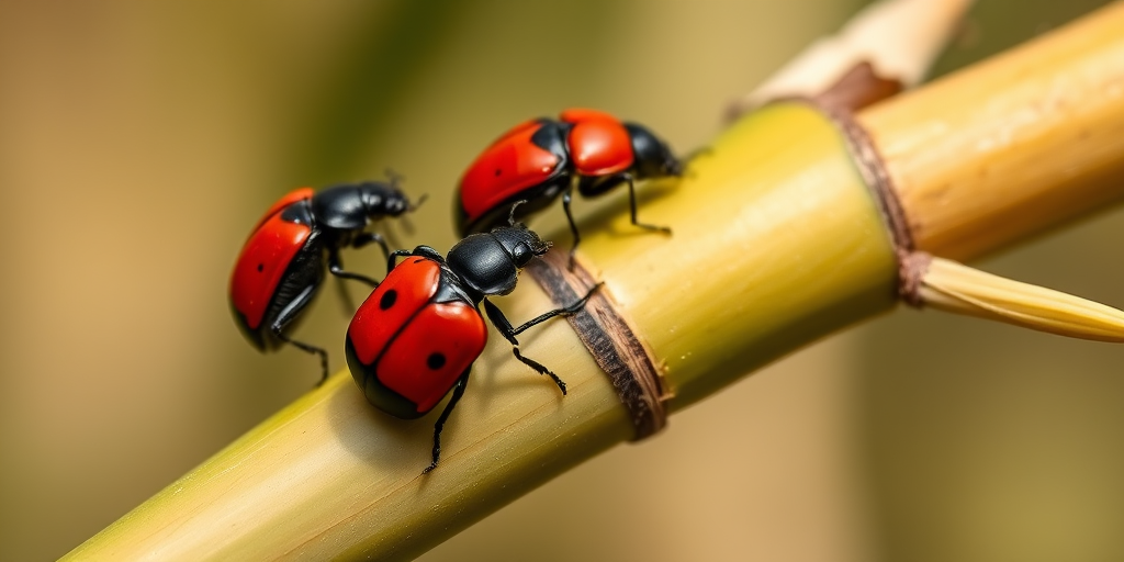 macro shot of red and black beetles on a bamboo stalk with a shallow depth of field, 100mm f/2.8 lens, ISO 200, 1/200s, natural soft lighting, DSLR camera, focus on the insects and blurred background