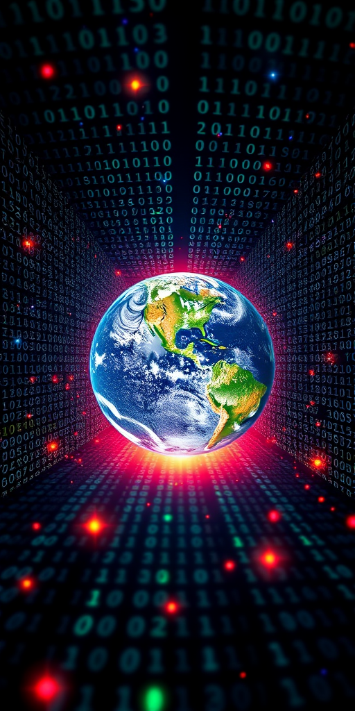 Generate a high-resolution digital artwork of a stylized Earth emerging from a matrix of binary code, with vivid colors and bright stars, captured with a DSLR camera at f/8 aperture, ISO 100, 24mm focal length, wide-angle view, using a macro photography style for enhanced detail.