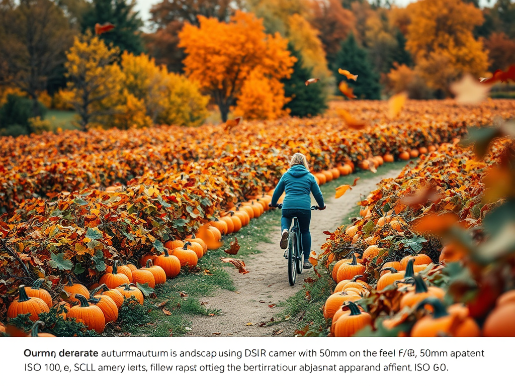 Generate a vibrant autumn landscape with a person riding a bicycle through a pumpkin patch, colorful leaves swirling in the air, using a DSLR camera with a 50mm lens, f/8 aperture, ISO 100, shot from a low angle perspective to enhance depth and detail.