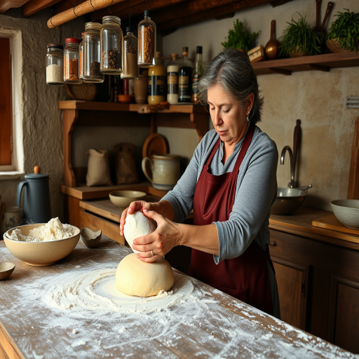 Woman in a rustic kitchen kneading dough, flour covering the wooden table, with jars of spices and herbs hanging from the ceiling.