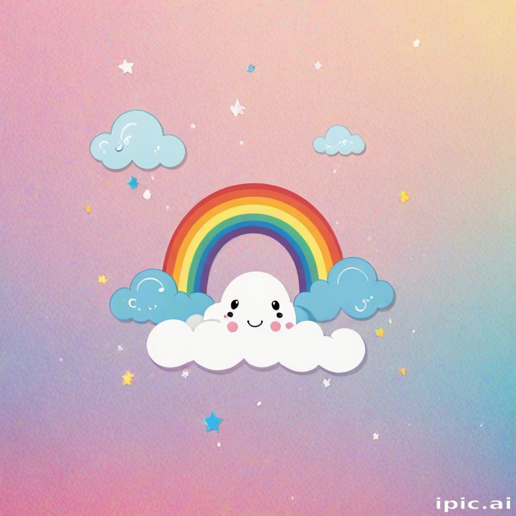 Whimsical Rainbow with Smiling Cloud and Cute Stars in Pastel Sky