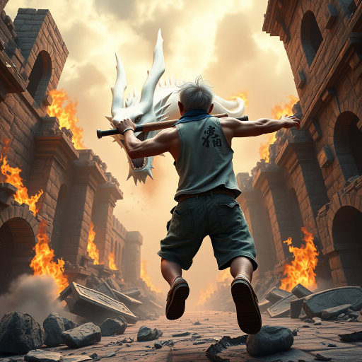 Cartoon 3D High-Resolution,dynamic battle scene using Unreal Engine 5 and Octane Render. The scene features back of an elderly, thai man with a beard,messy hair and round golden-rimmed glasses. He is wearing a tattered tank top with soot marks, shorts, and sandals. sweating. he wields a baseball bat. He jump to fight with a white fire-breathing Europe dragon amidst a partially destroyed stone castle. Include intense flames, smoke, and debris to enhance the dramatic effect.