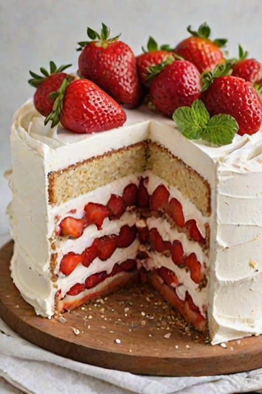 Create an image of a three-layered cake with fresh strawberries and whipped cream between the layers. The top layer should be decorated with sliced strawberries and mint leaves, set against a simple, neutral background. The cake should appear moist and inviting, with a rustic wooden table underneath.