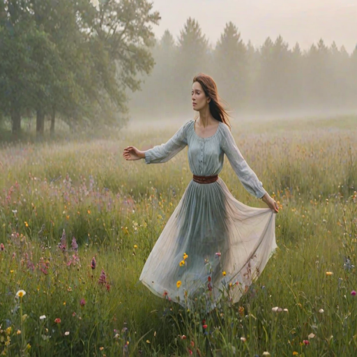 Foggy countryside meadow, with wildflowers swaying gently in the breeze, a woman in a long skirt stands in the center, her hands outstretched to feel the mist on her fingertips.