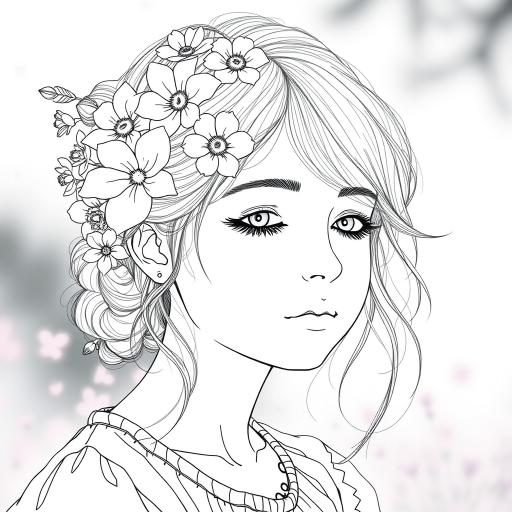 Create a highly detailed line art illustration of a serene girl with flowers in her hair, using a Canon EOS R5 with a 50mm f/1.2 lens at ISO 100, aperture f/4, capturing a soft focus background in natural light to enhance clarity and contrast.