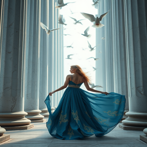 a fantasy scene featuring a woman in a flowing dress with a blend of blue and gold standing amidst tall white pillars, doves flying in the background, captured with a Canon EOS R5, 50mm f/1.2 lens, aperture at f/2.8, ISO 100, soft diffused lighting to enhance details and colors in a serene and ethereal atmosphere