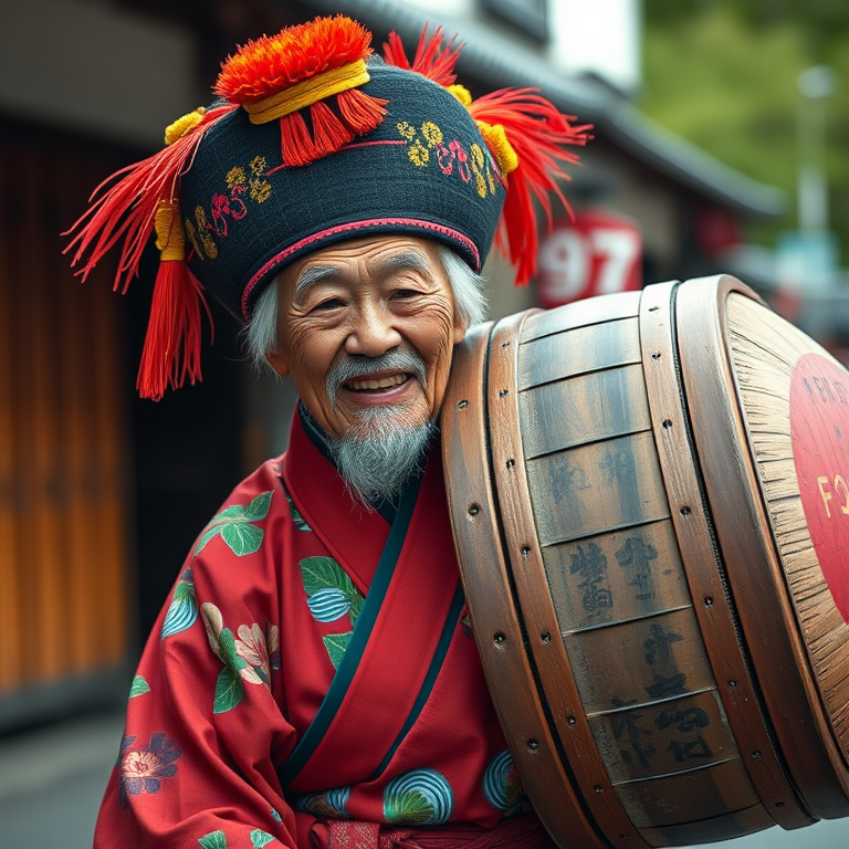 Regenerate an image of a traditional Japanese character carrying a large wooden barrel, vibrant colors and expressive features, shot with a Canon EOS R5, f/1.8 aperture, ISO 100, 50mm lens, with a soft focus background to enhance the subject.