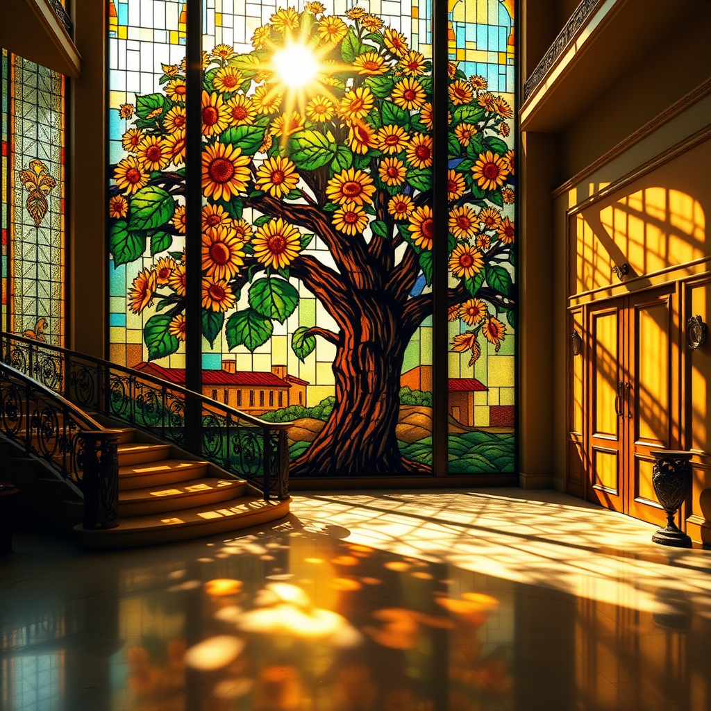 A stained glass window featuring a large, vibrant tree with blooming sunflowers as its focal point. The sunlight passes through the glass, casting multicolored shadows across the floor and a grand, curved staircase with ornate iron railings. The overall ambiance is warm, with golden sunlight enhancing the vivid colors of the stained glass, creating a serene and artistic atmosphere in a spacious room with polished marble floors. The scene is elegant and peaceful, with a blend of nature and architectural beauty.
