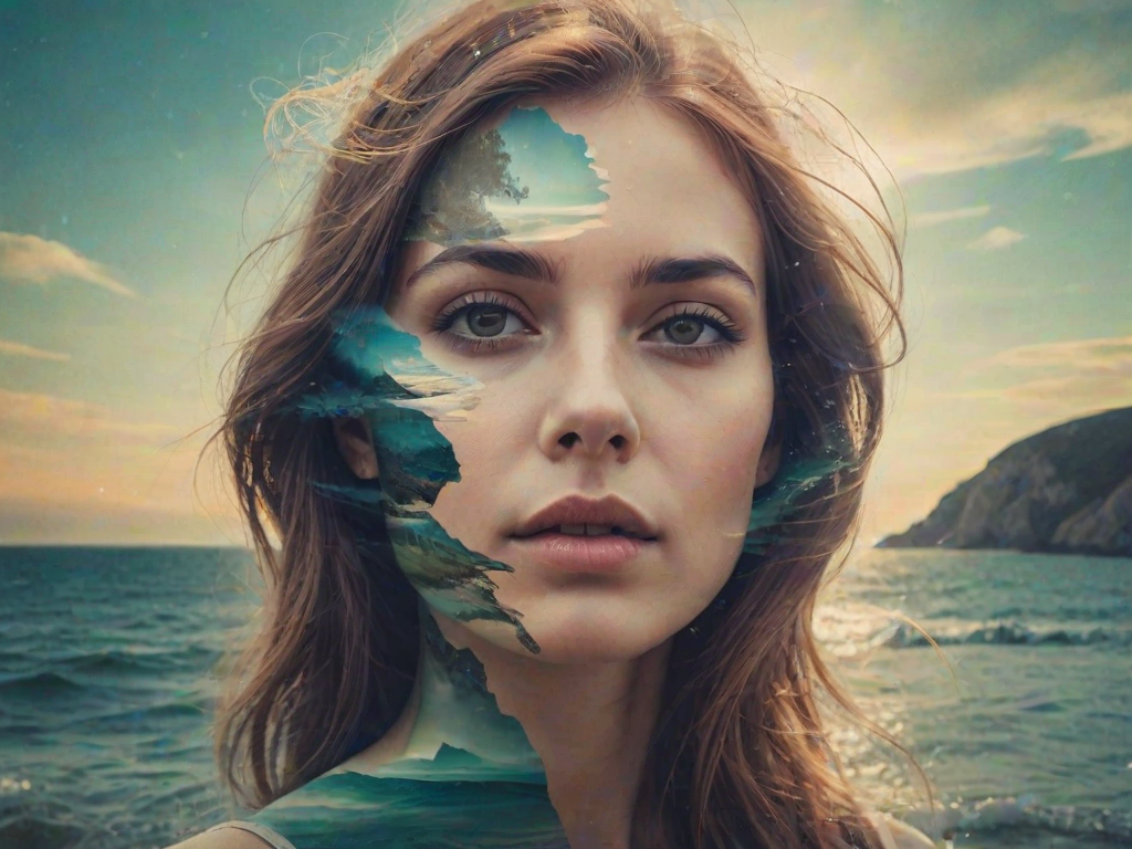 create Book cover, A surreal double exposure portrait that blends a woman's face with a beautiful seascape. The overall mood is dreamy and mystical, with rich colors and intricate details