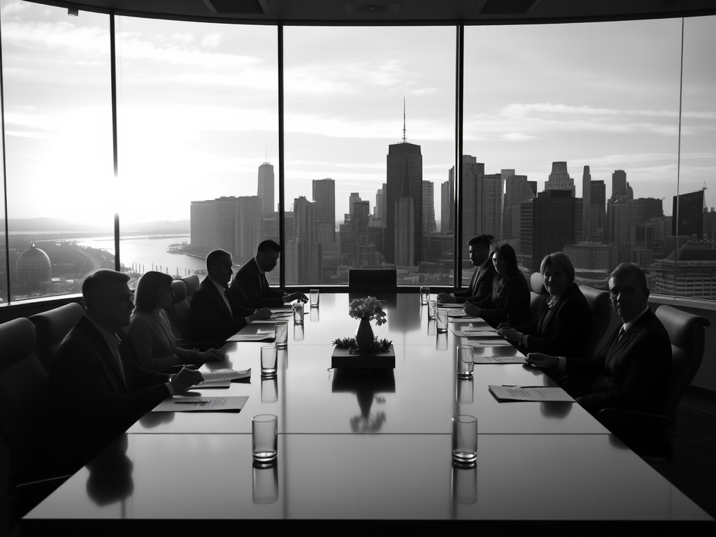 create a high-quality black and white image of a boardroom meeting with a city skyline in the background during sunset, using a Canon EOS R5 camera, f/2.8 aperture, ISO 100, focal length 35mm, wide-angle perspective, and soft focus effect to enhance depth and contrast