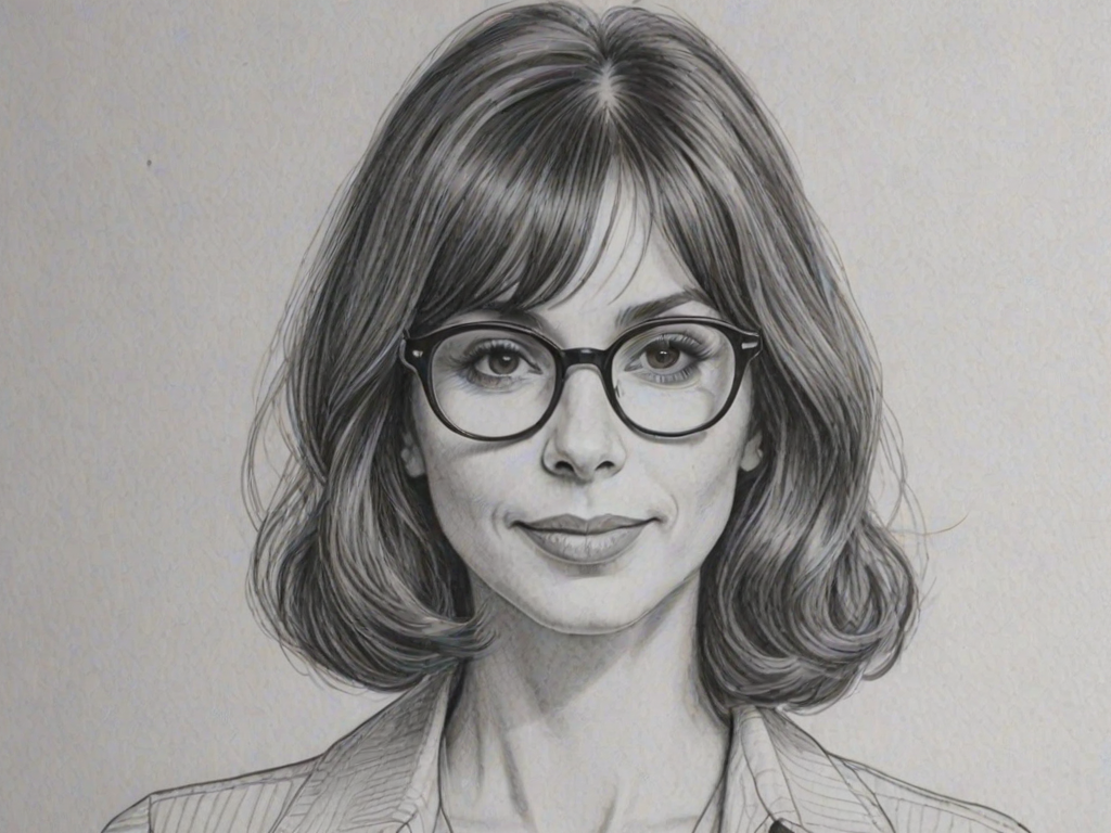 Attractive Talia Shire, pencil sketch, portrait of Lovely woman 1972s in glasses, hair style beatnik, outline, clear lines, fine lines, 8k