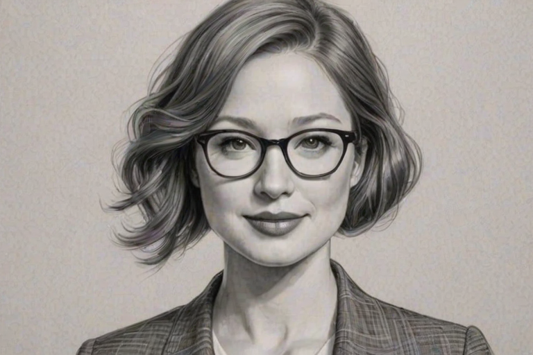 Magnificent Ellie Kemper, pencil sketch, portrait of Splendid woman 1924s in glasses, hair style beatnik, outline, clear lines, fine lines, 8k