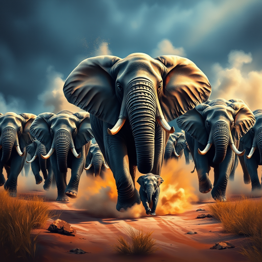 vivid colourful hyper-realistic Oil Painting. a charging group of many large angry elephants. A huge dominating bull elephant leads with huge white tusks ears. Includes a  baby elephant.  Lots of swirling dust whirling around them rising high and being kicked by their feet. Dark dramatic blue-grey fills the sky with warm breaking through. Colourful oil painting style. dry grass on the ground on each side. dark soft graduated band across top of picture. Warm colour. Art Look added in Topaz.