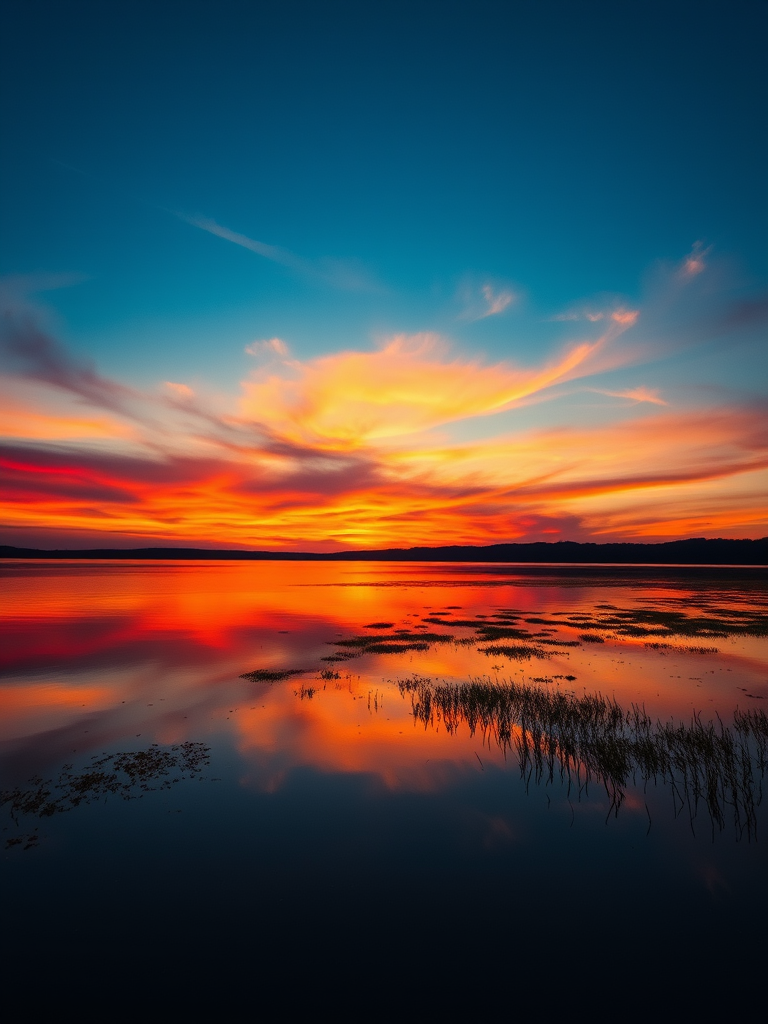 Generate a high-resolution image of a serene sunset over a tranquil lake with vibrant colors and reflections, captured with a DSLR camera at f/8 aperture, ISO 100, 1/200s shutter speed, using a wide-angle lens at 24mm, in landscape orientation.