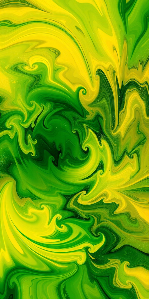 create an abstract digital art piece with swirling greens and yellows depicting a vibrant explosion of color, shot with a Canon EOS R5, 50mm lens, f/1.8 aperture, ISO 100, 1/125 sec, top-down view, high contrast, vibrant saturation