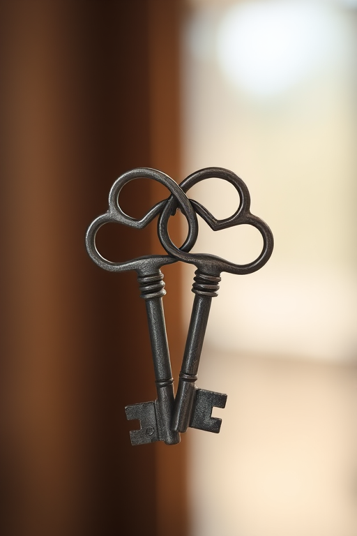 Create a high-resolution image of two vintage silver keys forming a heart shape, shot with a 50mm lens at f/2.8, ISO 100, with soft natural lighting from the side, and a shallow depth of field to highlight the keys against a blurred background.