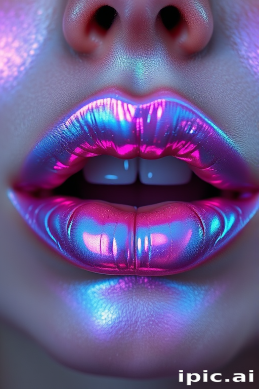 Ethereal holographic lips shimmering with iridescent blues and purples, creating a multidimensional appearance that shifts colors as light moves across them