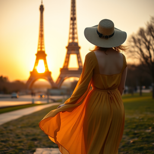 A woman in a flowing golden dress and a wide-brimmed hat walking towards the Eiffel Tower at sunset, soft golden light, Canon EOS R5, 85mm lens, f/1.8 aperture, ISO 200, shallow depth of field, portrait style, warm color palette.