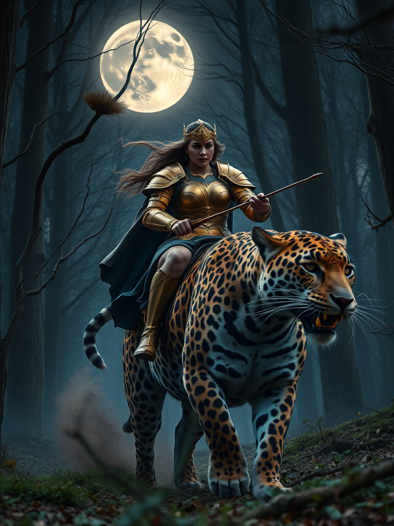 A warrior woman in shining gold armor riding a majestic leopard through a mystical forest under a full moon, shot with a DSLR camera at f/2.8, ISO 100, 50mm lens, using a low angle view for dramatic effect and soft focus background to enhance clarity and detail.