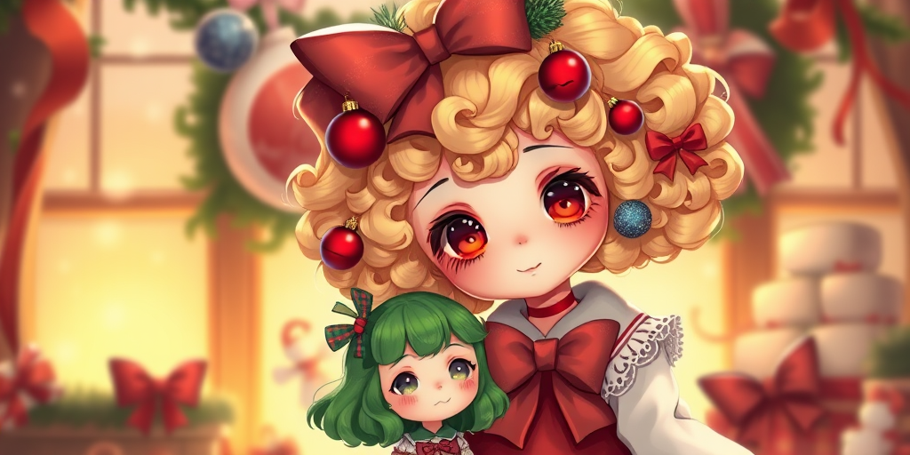 create a whimsical digital artwork of a girl with curly blonde hair adorned with red ornaments and a large bow, standing in front of a smaller girl with green hair, both surrounded by festive decorations and a warm, glowing background