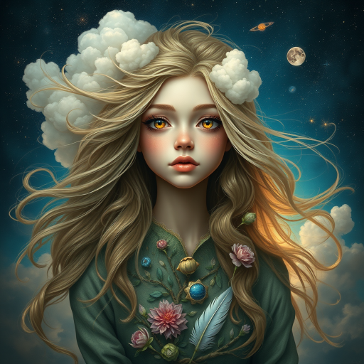Create a series of imaginative portraits where each subject is infused with elements of fantasy and nature. The hair of the individuals should flow like clouds, varying from soft, fluffy cumulus to wispy cirrus strands, with hints of color reflecting a sunset or a clear blue sky. The eyes should be windows to entire galaxies, with stars, nebulae, and distant planets visible within them. Clothing should be adorned with nature motifs, such as floral patterns that bloom and change, vines that seem to grow and wrap around, or feathers that shimmer with iridescence. Each portrait should capture a unique personality, blending human features with the ethereal beauty of the natural and cosmic world. The backgrounds can vary, from starry night skies to enchanted forests, adding depth and context to the magical realism of the portraits