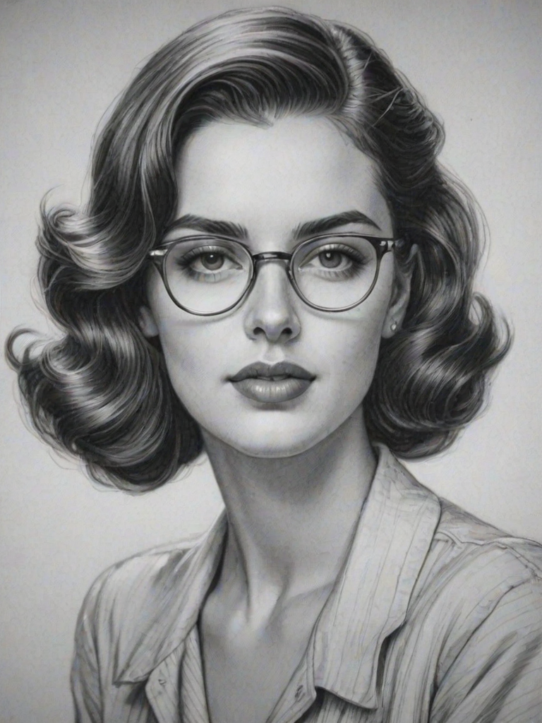 Beauteous Amelia Gray Hamlin, pencil sketch, portrait of Gorgeous woman 1940s in glasses, hair style beatnik, outline, clear lines, fine lines, 8k