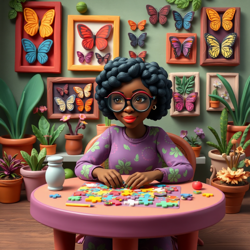 A vibrant and whimsical illustration of an african american woman sitting at a table working on a colorful jigsaw puzzle. she is wearing round glasses, and patterned clothing in shades of purple and green.  The background features an eclectic collection of framed butterflies, potted plants, and other natural elements, creating a warm and inviting atmosphere. The style is playful and modern, with rich textures, intricate details, and a lively color palette.
