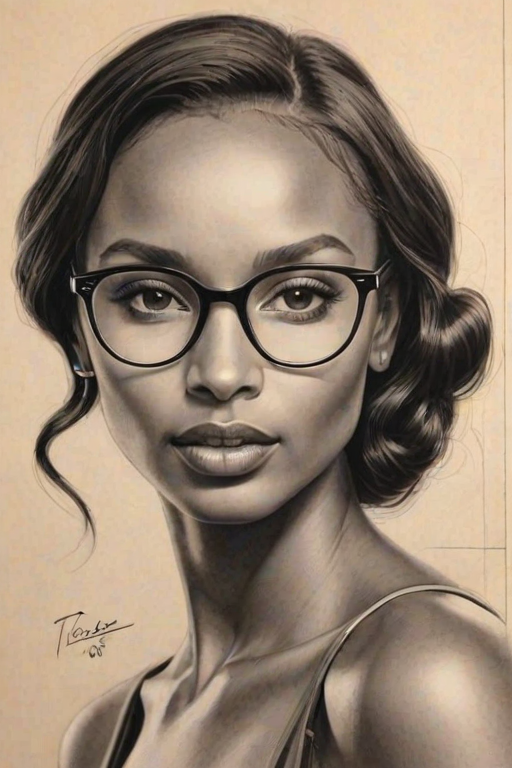 Resplendent Jasmine Tookes, pencil sketch, portrait of Ravishing woman 1928s in glasses, hair style beatnik, outline, clear lines, fine lines, 8k