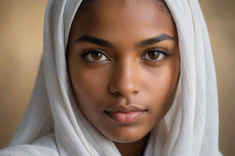 Create a portrait of a young Afro-Caribbean female with long, dark hair and captivating hazel eyes. She is wearing a white headscarf and a matching scarf draped gracefully around her neck. The background is softly blurred, focusing attention on her serene and natural expression. The overall color palette is muted and warm, enhancing the intimate and authentic feel of the portrait.
