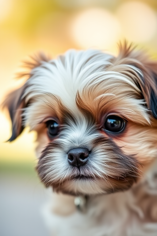 A close-up portrait of a cute Shih Tzu puppy with big expressive eyes, shot with a DSLR camera at f/2.8 aperture, ISO 100, 50mm lens, natural soft lighting, shallow depth of field for a creamy bokeh background.