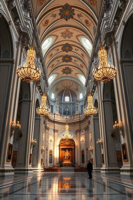 Interior of a grand cathedral showcasing ornate decorations, intricate chandeliers casting warm light, high arched ceilings, polished marble floor reflecting light, captured with a full-frame DSLR camera, 24mm lens, f/1.8 aperture, ISO 400, natural lighting for enhanced depth and detail.