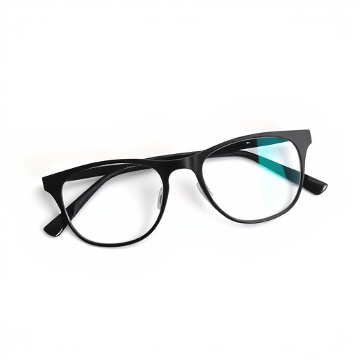Create a high-resolution image of a pair of black-rimmed glasses on a white background using a DSLR camera, focal length of 50mm, aperture set to f/2.8, ISO 100, and a slight top-down angle for depth and detail enhancement.