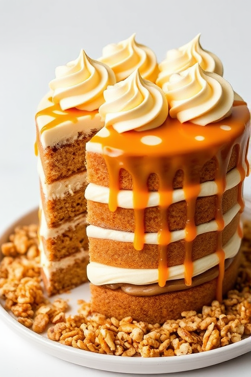 A delicious layered cake with a smooth cream frosting and decorative swirls on top, featuring a caramel drizzle, surrounded by a crunchy nut coating, set on a simple plate against a light background.