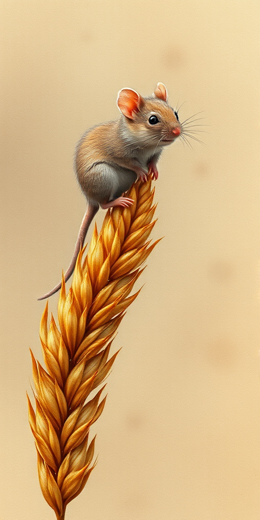 Soft, muted Alcohol Ink with ebru effect background image of tiny whimsical mousey, who climbed high on the top of a golden rye ear.