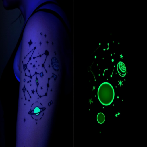 Glow-in-the-dark tattoo known as "Celestial Secrets" showcasing constellations, planets, and cosmic elements that become visible under UV light, ideal for adding an element of surprise