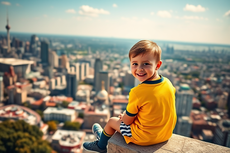 Capture a young child in a bright yellow soccer jersey sitting on a ledge with a breathtaking aerial view of a city skyline in the background, using a Canon EOS 5D Mark IV, 24mm lens, aperture f/8, ISO 200, natural light for a vibrant and clear image.
