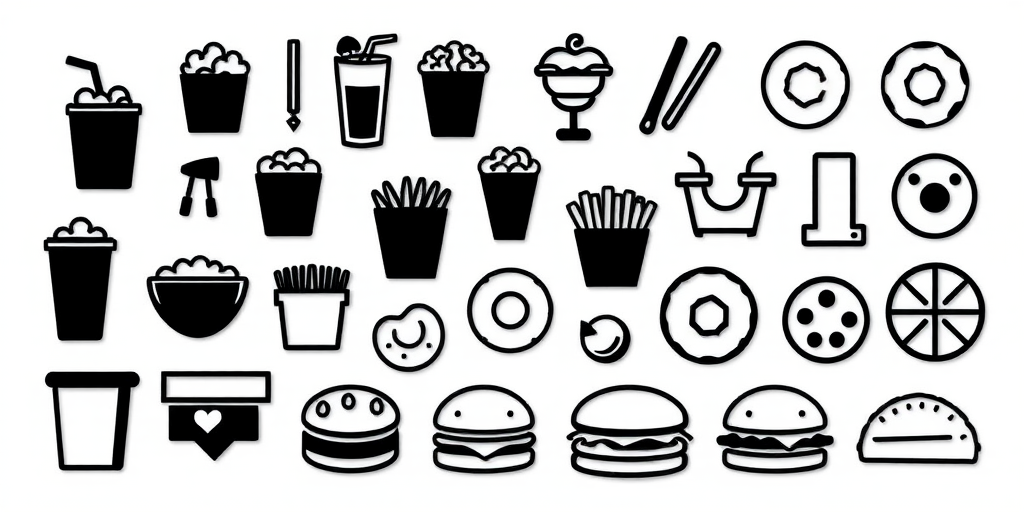 Create a high-resolution image featuring a grid of black icons representing various fast food items like popcorn, drinks, ice cream, fries, donuts, burgers, pizzas, and tacos, with a clean white background, shot with a DSLR camera at f/2.8 aperture, 50mm lens, ISO 100, and a top-down view for optimal clarity and detail.