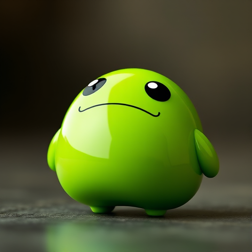 Generate a high-resolution image of a green blob character with a glossy finish and two black eyes, captured from a slightly elevated angle, using a DSLR camera at f/2.8 aperture, ISO 100, and a focal length of 50mm to enhance image quality and depth.