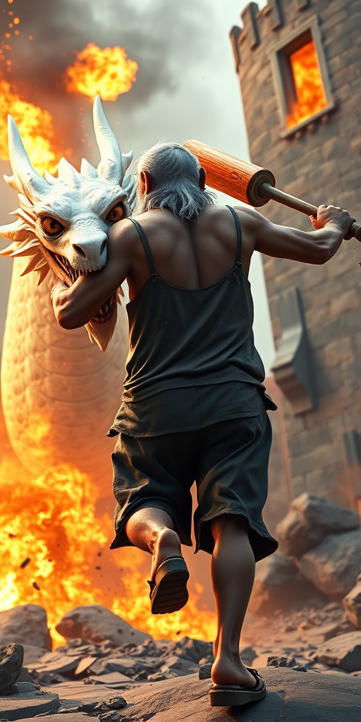 Cartoon 3D High-Resolution,dynamic battle scene using Unreal Engine 5 and Octane Render. The scene features back of an elderly, thai man with a beard,messy hair and round golden-rimmed glasses. He is wearing a tattered tank top with soot marks, shorts, and sandals. sweating. he wields a baseball bat. He jump to fight with a white fire-breathing Europe dragon amidst a partially destroyed stone castle. Include intense flames, smoke, and debris to enhance the dramatic effect.