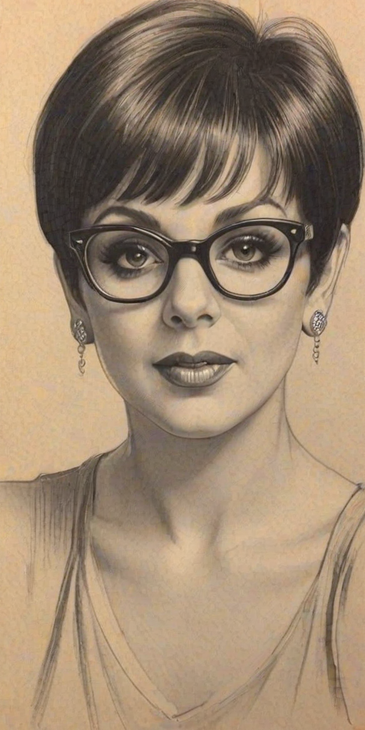 Appealing Liza Minnelli, pencil sketch, portrait of Splendid woman 1928s in glasses, hair style beatnik, outline, clear lines, fine lines, 8k